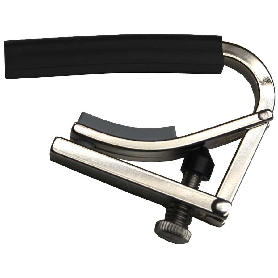 Metal guitar capo with a curved padded bar and adjustable screw clamp for securing to a guitar neck.