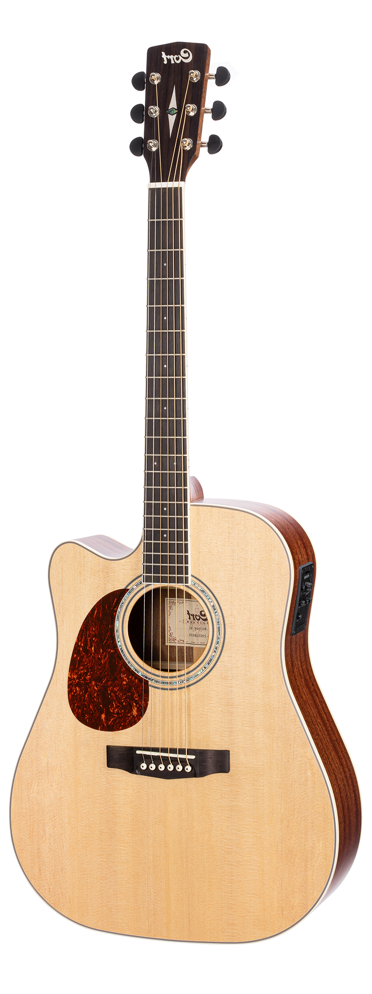 Light wood acoustic guitar with a dark pickguard, cutaway design, six strings, black tuning pegs, and a side panel for onboard electronics.
