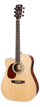 Light wood acoustic guitar with a dark pickguard, cutaway design, six strings, black tuning pegs, and a side panel for onboard electronics.