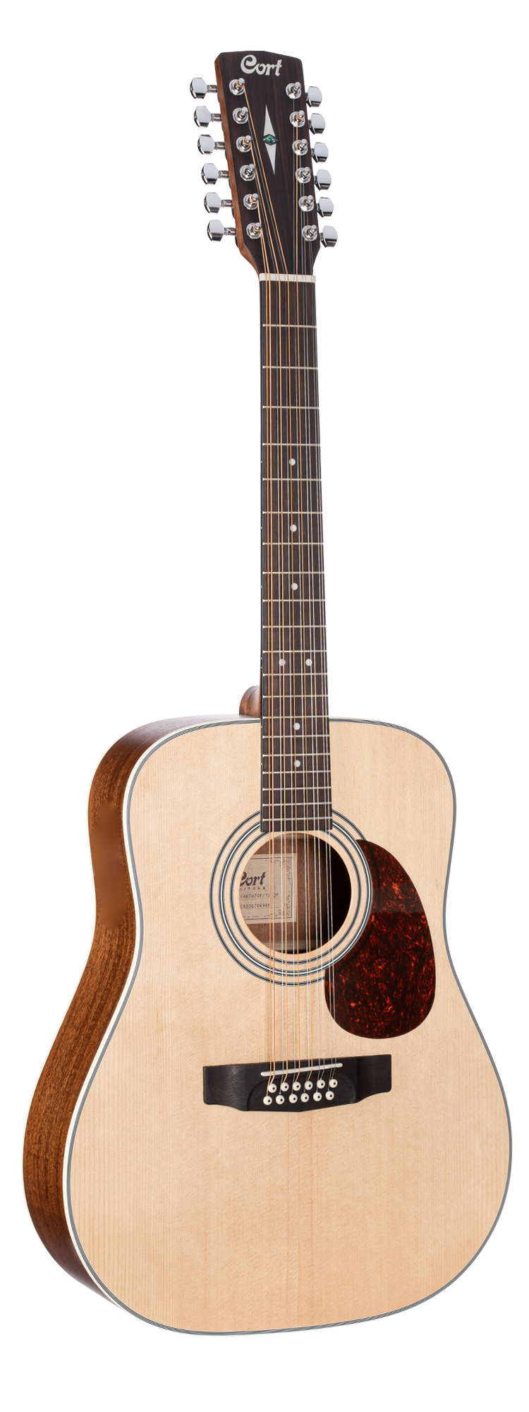 Twelve-string acoustic guitar with a light wood body, dark pickguard, and headstock featuring six tuning pegs on each side.