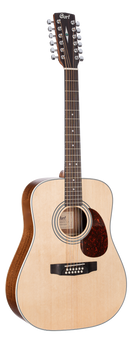 Twelve-string acoustic guitar with a light wood body, dark pickguard, and headstock featuring six tuning pegs on each side.