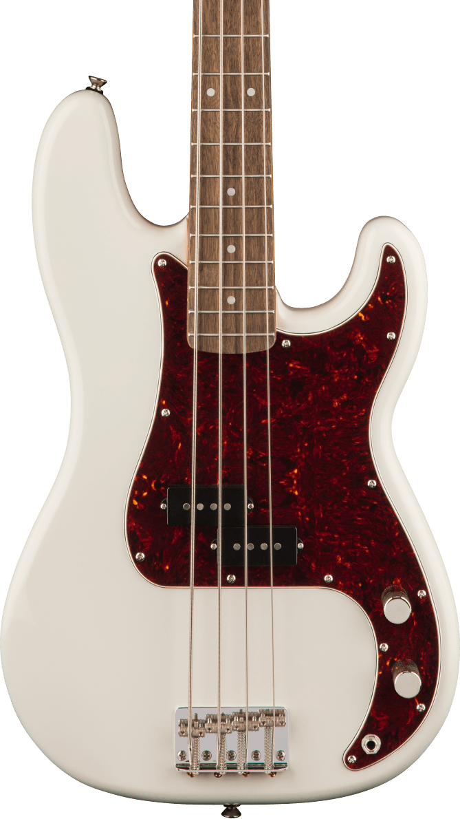 White electric bass guitar with four strings, a brown tortoiseshell pickguard, two black pickups, and two control knobs.