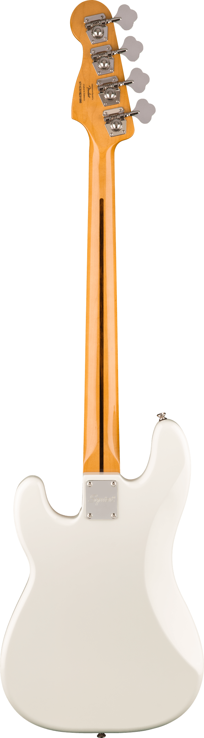 White body bass guitar seen from the back, with a light wood neck, four tuning pegs, and chrome hardware at the neck joint.
