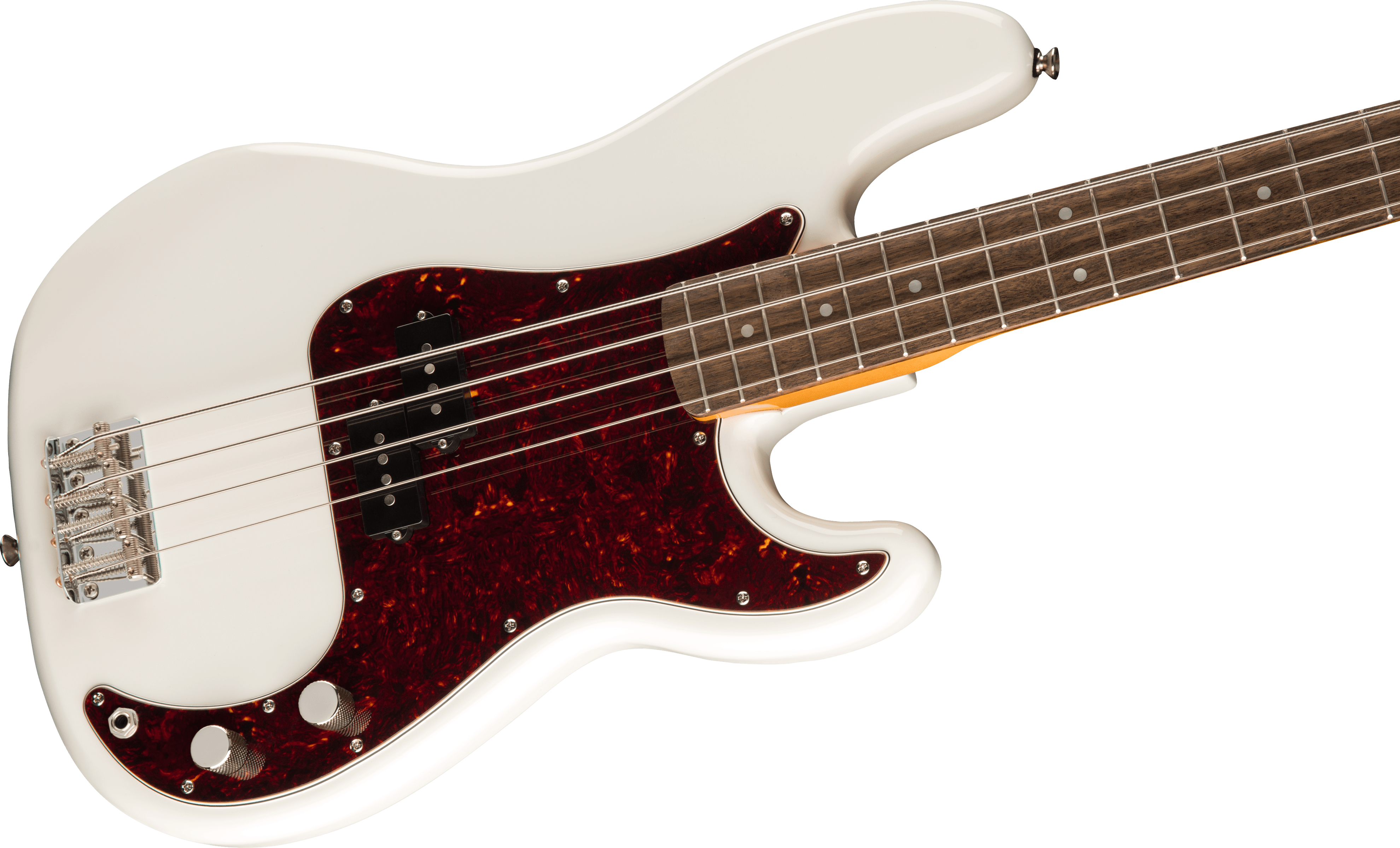 White electric bass guitar with a dark red pickguard, four strings, two control knobs, and a dark wood fretboard with dot inlays.