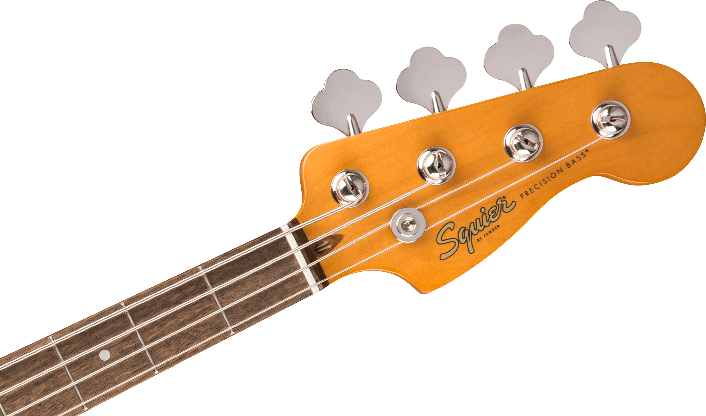 Squier Precision Bass guitar headstock with four tuners, maple wood finish, and part of the dark wood neck with four metal strings visible.