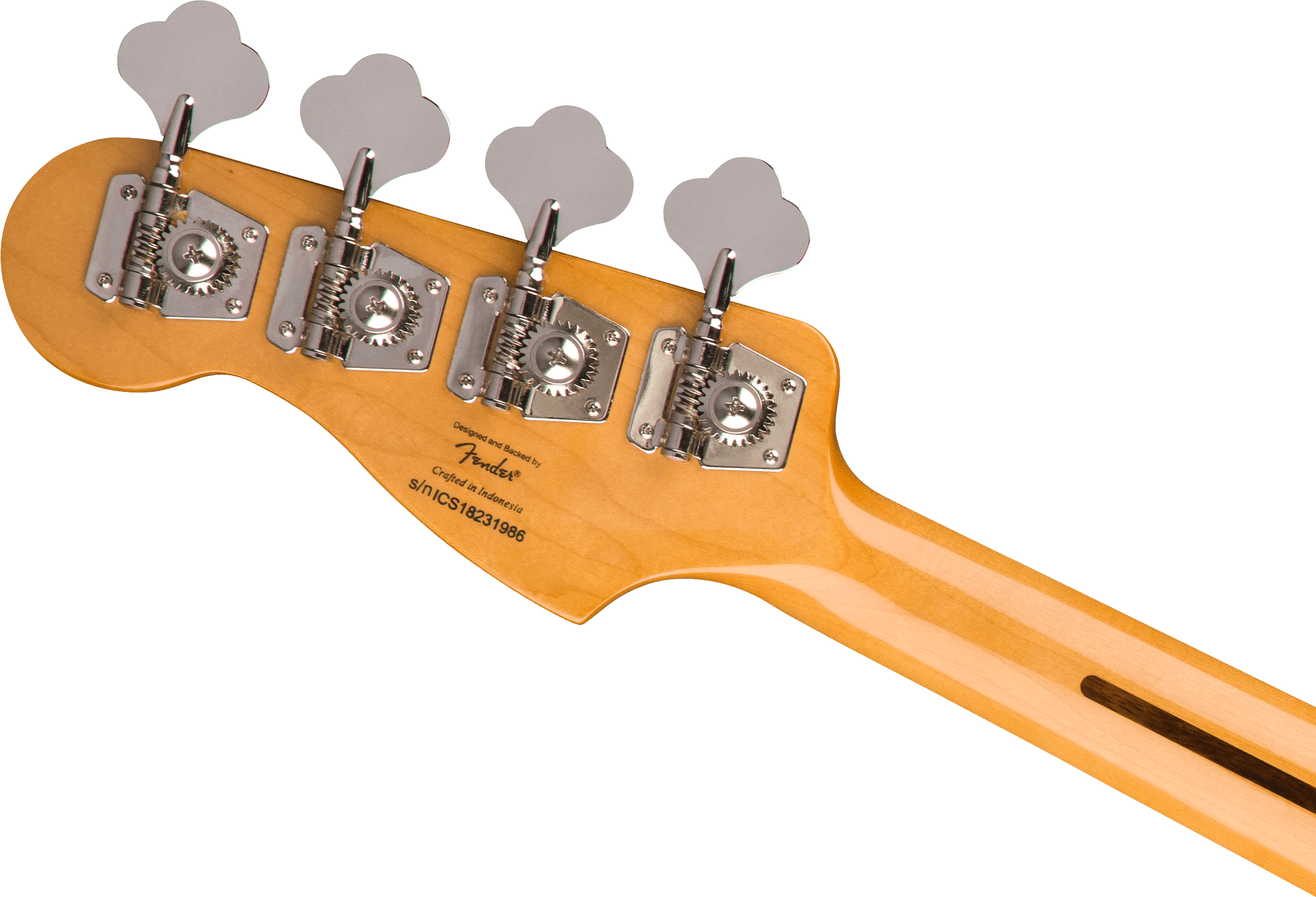 Four chrome tuning pegs on a light-colored Fender bass guitar headstock, with visible serial number and wood grain.