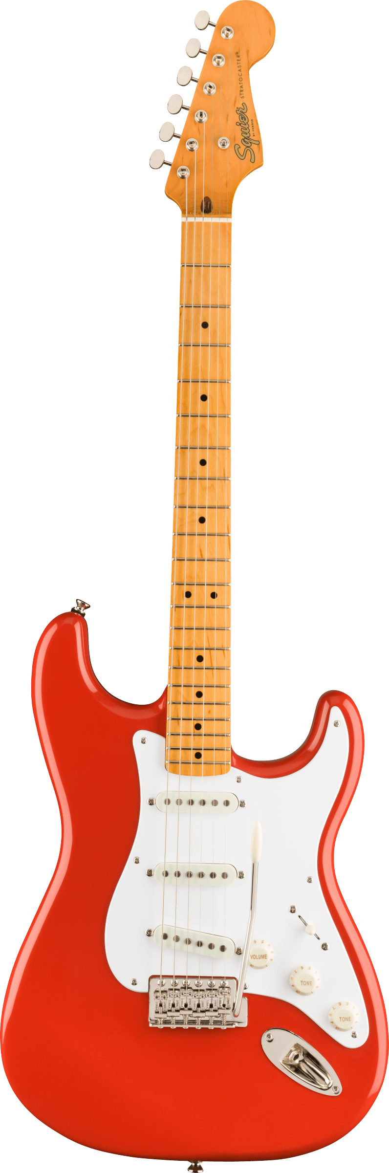 Red electric guitar with a white pickguard, three single-coil pickups, five control knobs, and a light maple neck and fretboard.