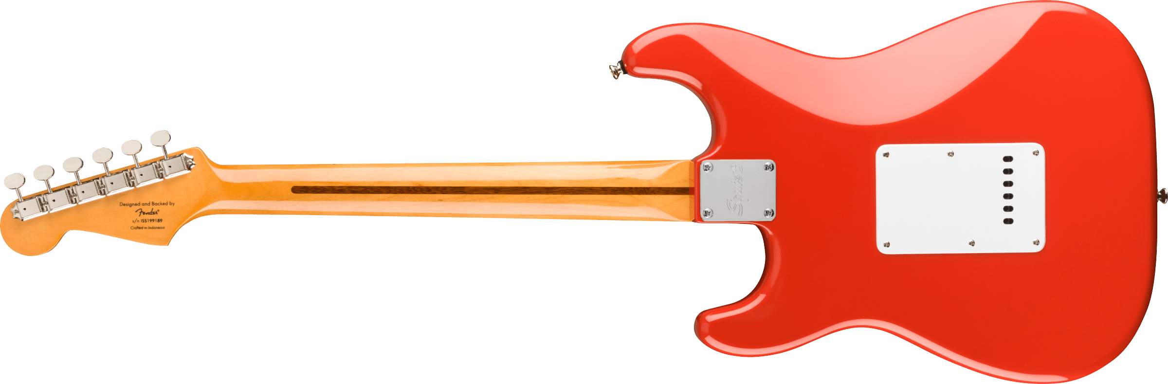 Red electric guitar shown from the back, with a light wood neck, silver tuning pegs, and a white rectangular plate on the body.