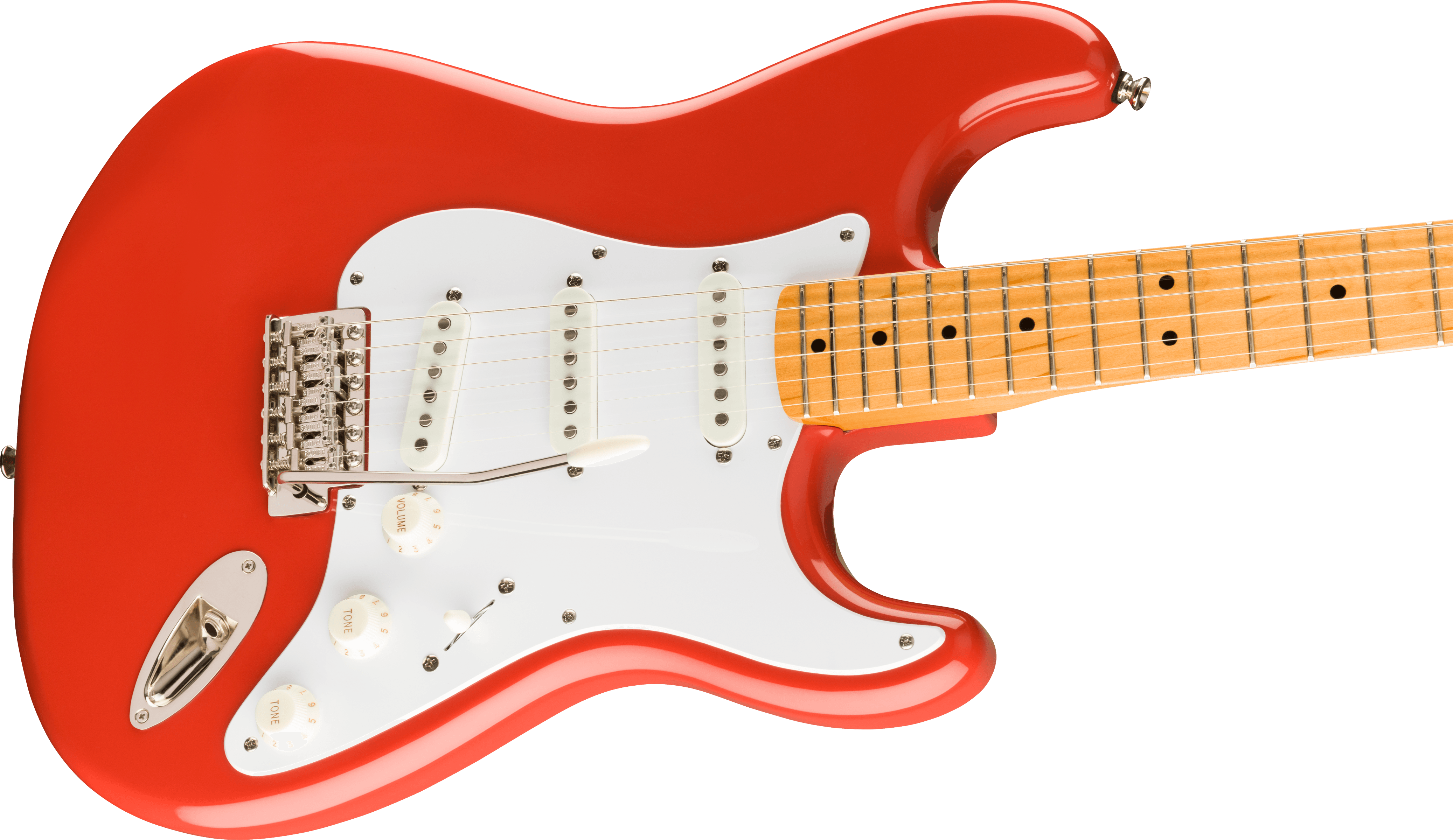 Red electric guitar with a white pickguard, three single-coil pickups, a maple fretboard, and chrome hardware including a whammy bar.