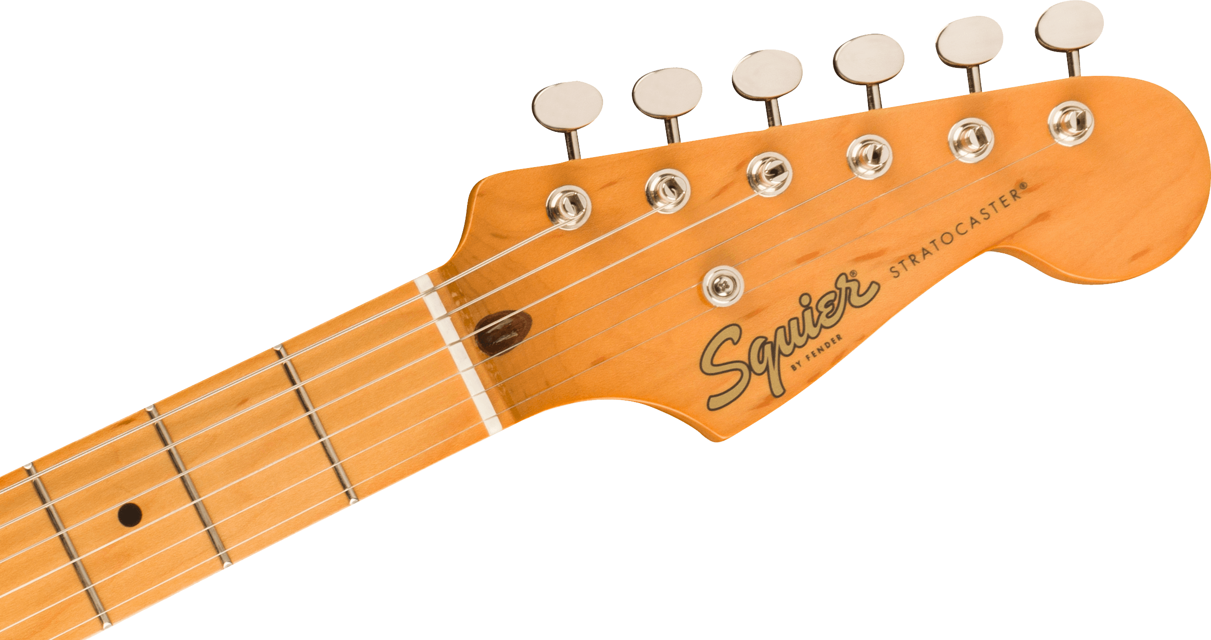 Light brown Squier Stratocaster electric guitar headstock with six metal tuning pegs and visible strings, partial maple neck with black dot inlay.