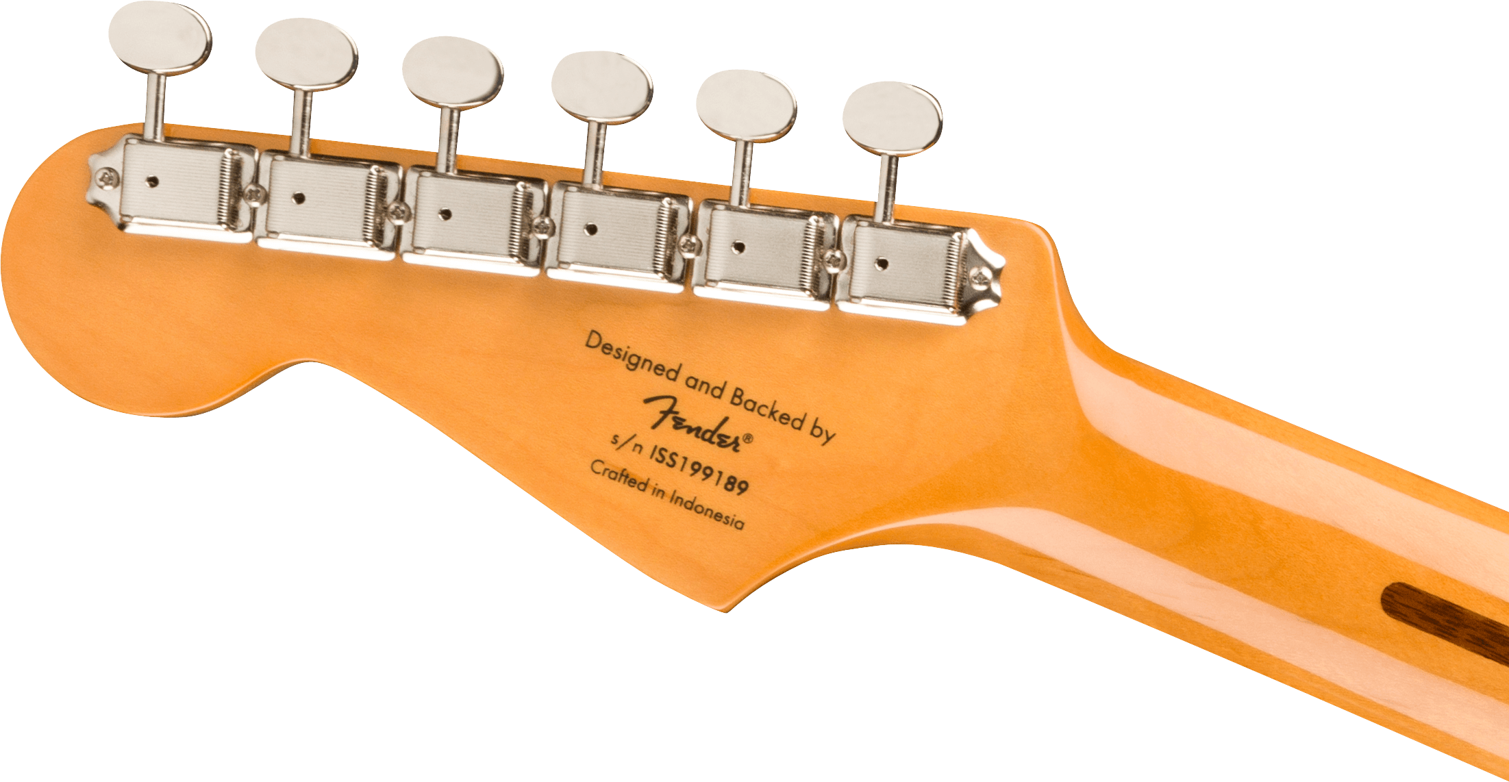 Six chrome tuning pegs on a light wooden Fender electric guitar headstock, serial number ISS199189, crafted in Indonesia.