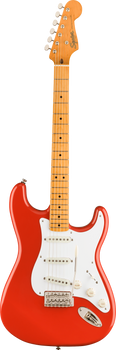Red electric guitar with a white pickguard, three single-coil pickups, five control knobs, and a light maple neck and fretboard.