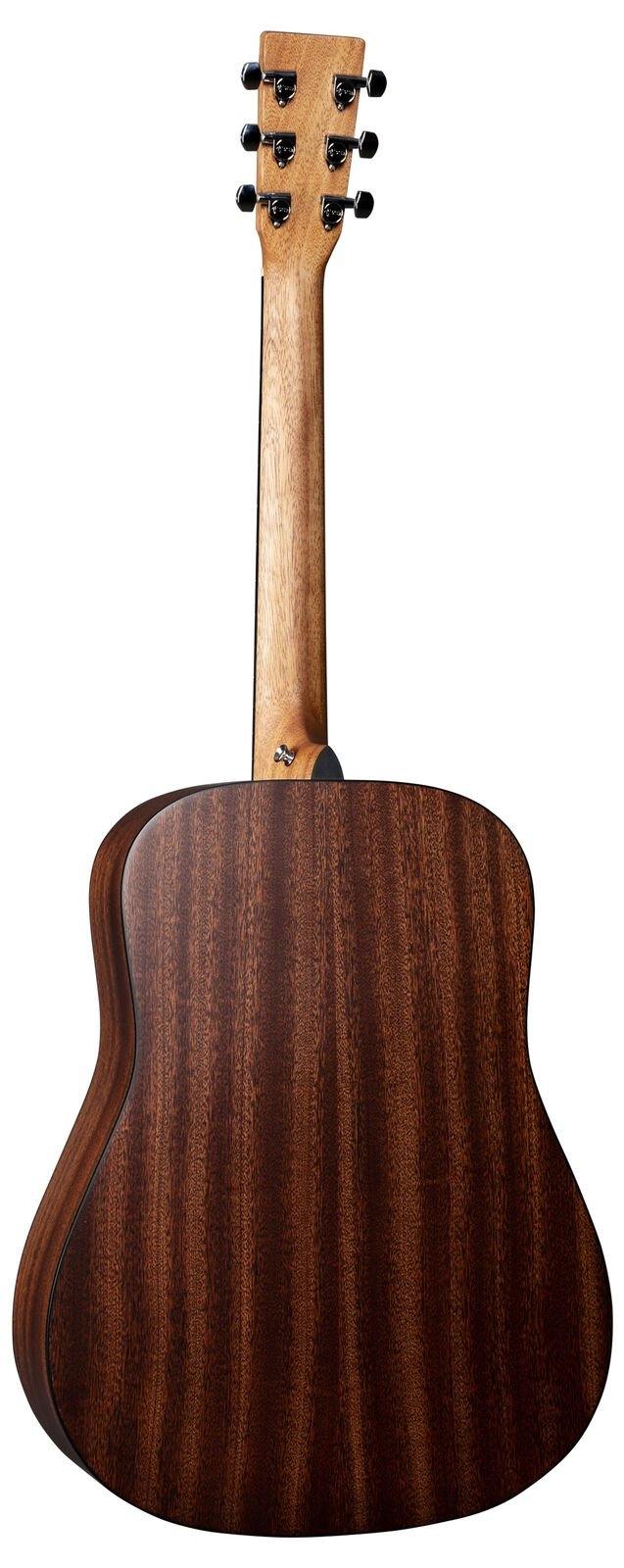 Mahogany-bodied acoustic guitar shown from the back, displaying wood grain, six tuning pegs, and a natural wood neck.