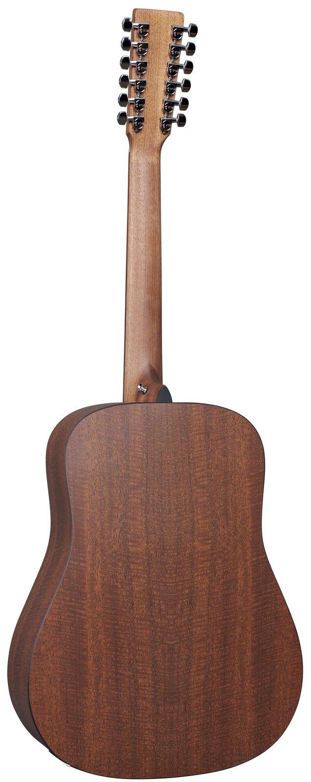 Brown acoustic guitar viewed from the back, showing a wooden body and neck with 12 chrome tuning pegs arranged in two rows.