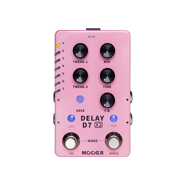 Pink effects pedal with six black knobs, two footswitches, and labeled buttons for delay control. Text reads "DELAY D7 X2 MOOGER."