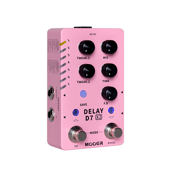 Pink Mooer Delay D7 X2 effects pedal with six black knobs, two footswitches, side input/output jacks, and various labeled buttons and indicators.