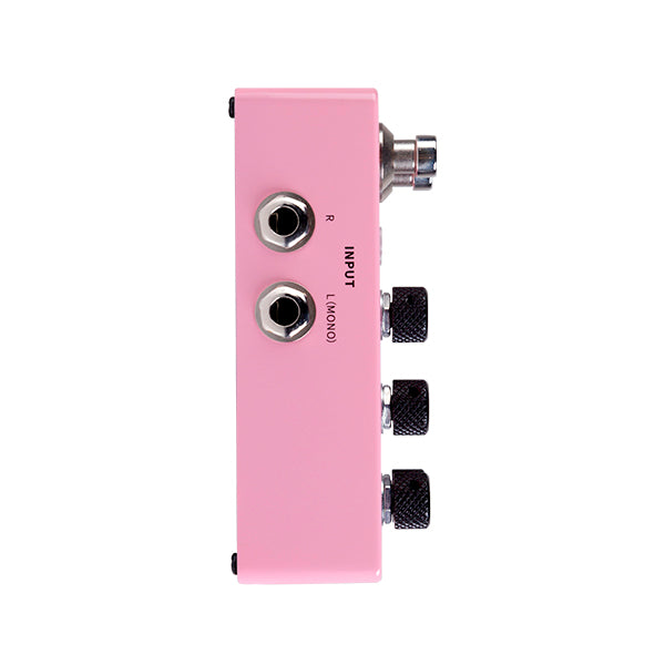 Pink effects pedal with two input jacks labeled R and L (Mono), and three textured black control knobs on the side.