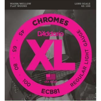 Jeu de cordes D’Addario Chromes XL pour basse, tirants 45-100, filet plat, longue échelle, son chaud et doux, référence ECB81.