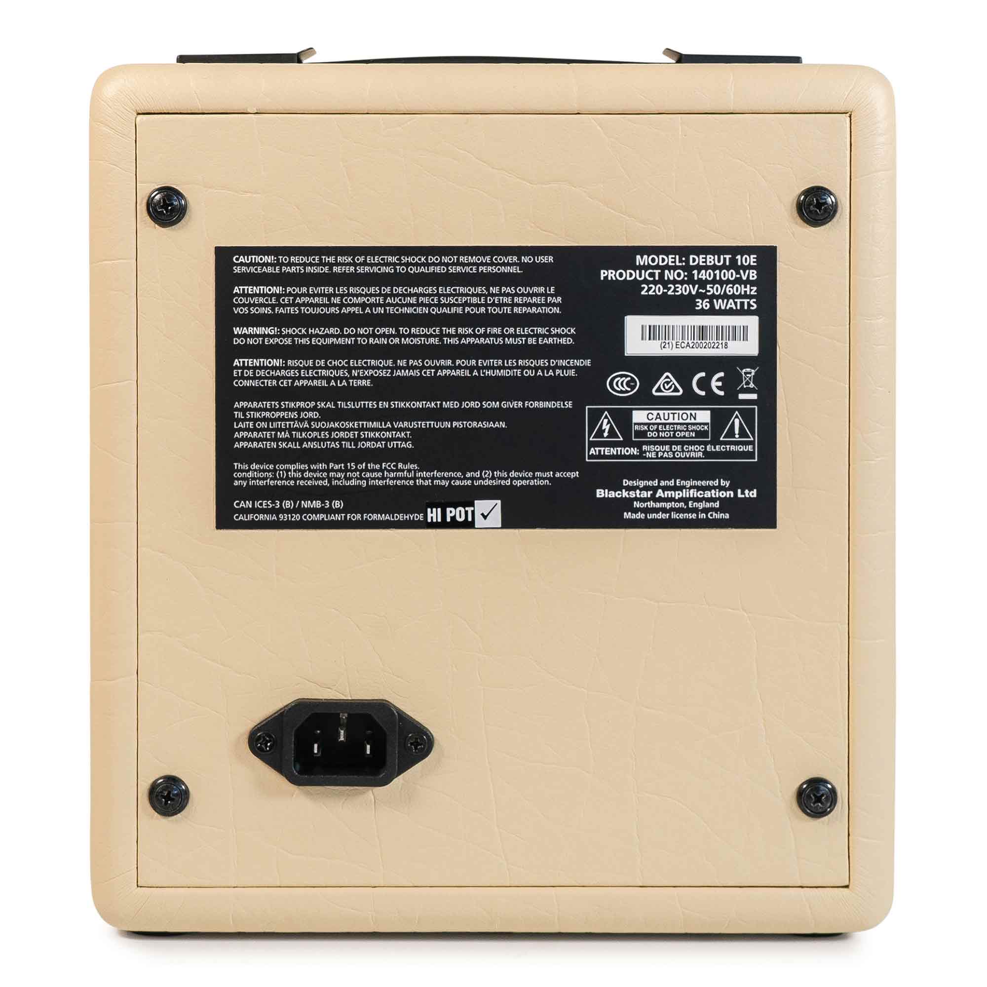 Beige amplifier rear panel with a power socket, four corner screws, and a black label listing model info: Debut 10E, 36 watts, made by Blackstar.