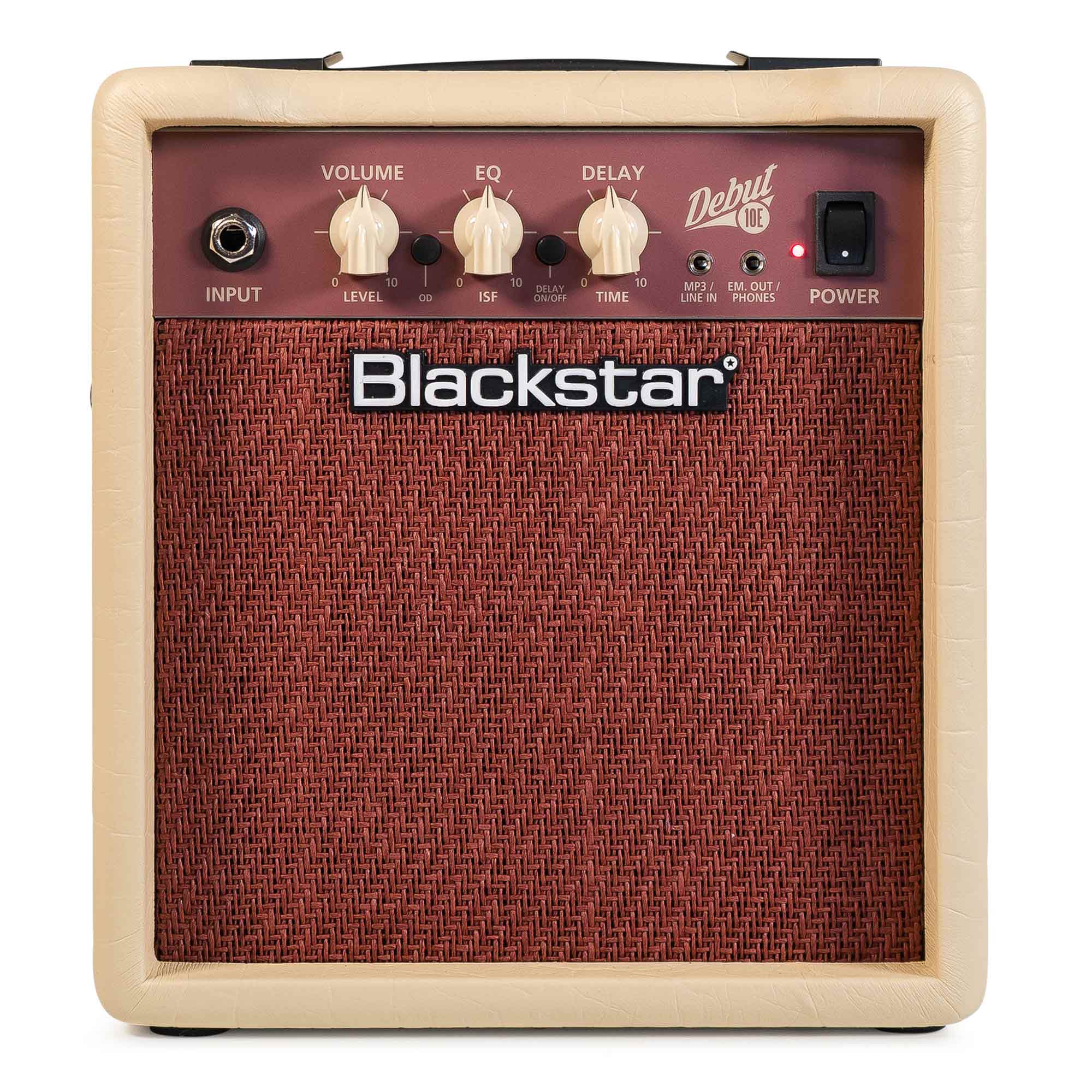 Compact cream and red Blackstar guitar amplifier with four control knobs, labeled input, power switch, and woven front grille.