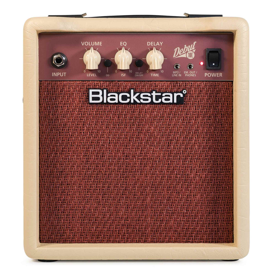 Compact cream and red Blackstar guitar amplifier with four control knobs, labeled input, power switch, and woven front grille.