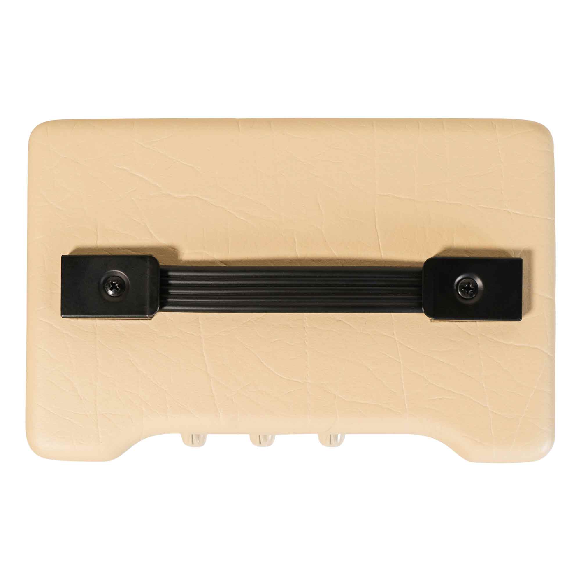 Beige amplifier with a textured surface, viewed from above. Black ribbed carrying handle is attached with two square brackets. Three control knobs are visible.