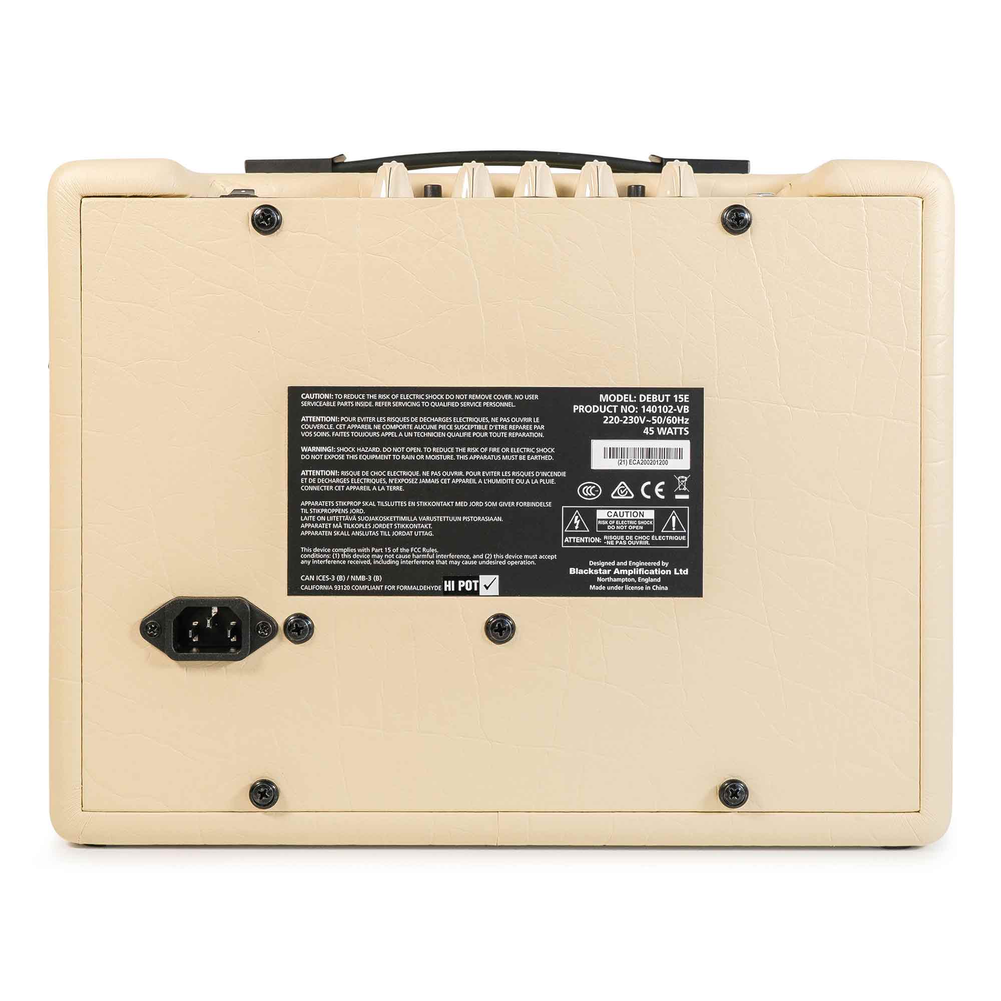 Beige guitar amplifier rear view; visible black power socket, product label with safety warnings, model Debut 15E, and control knobs on top edge.