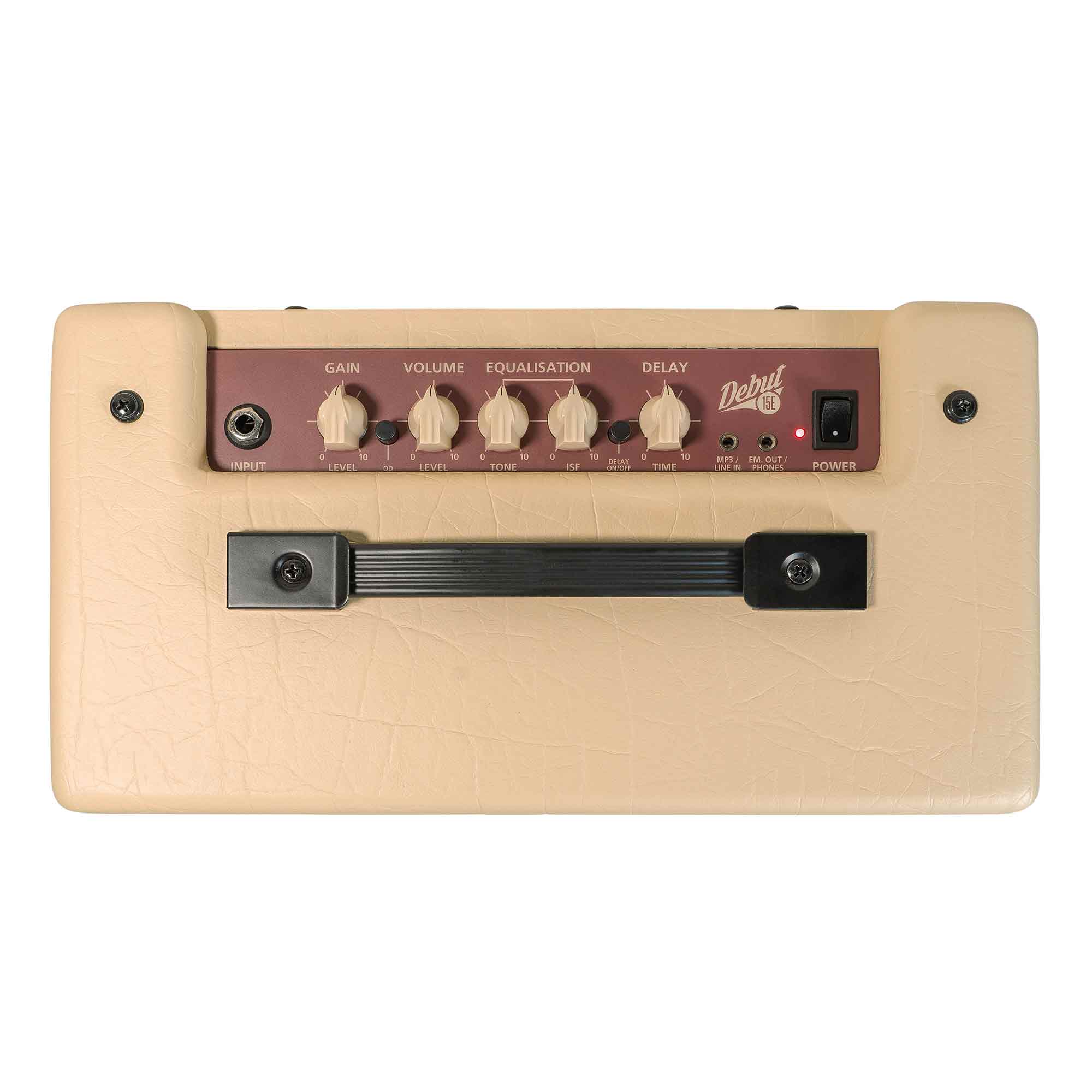 Cream-colored amplifier with five control knobs labeled gain, volume, tone, ISF, and delay, plus input jack, handle, and power switch on top panel.