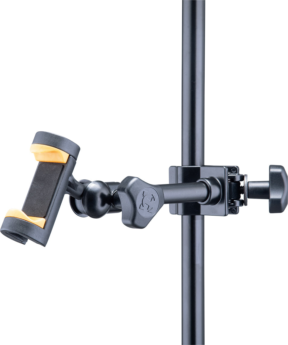 Black adjustable iPhone and tablet holder with yellow grips, clamped onto a vertical metal pole using a screw-tightened bracket.