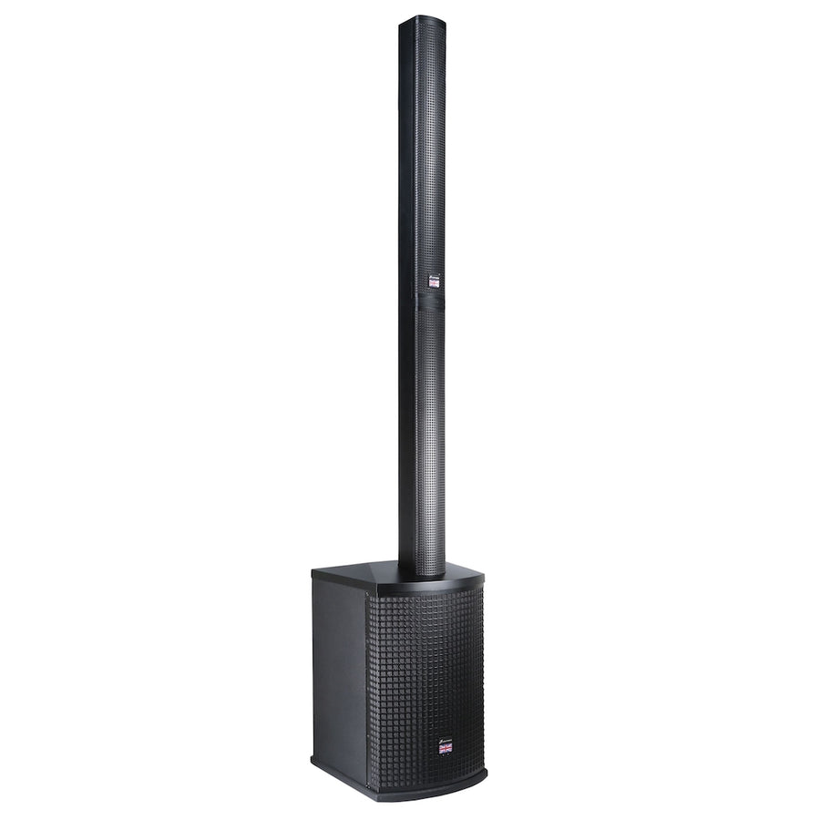 Tall, black column speaker system with a vertical speaker array mounted on a rectangular subwoofer base, used for PA audio amplification.