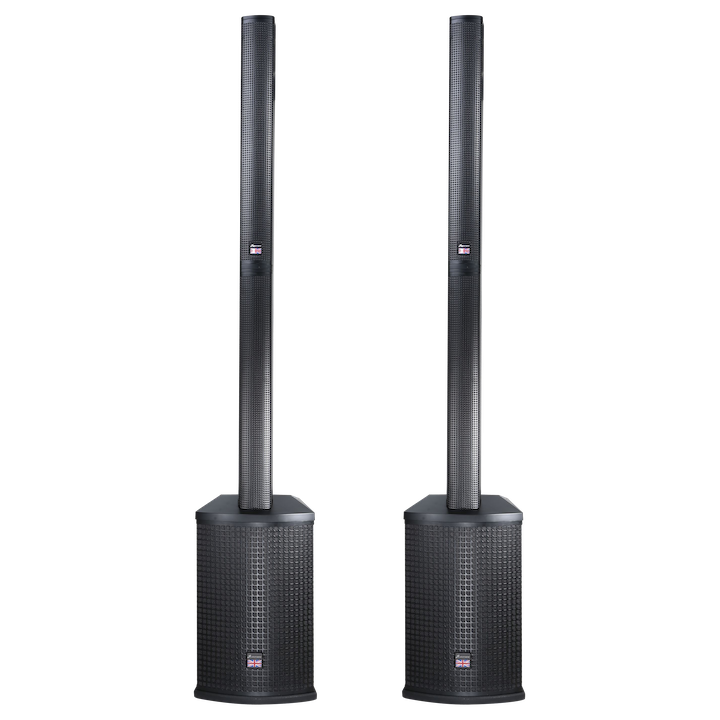 Two tall, black portable PA speakers with vertical column arrays mounted on rectangular subwoofer bases, positioned side by side.