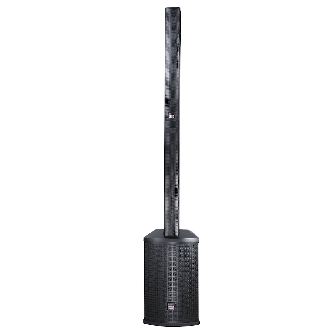 Tall, black PA speaker system with a vertical column speaker mounted on a rectangular subwoofer base, both with a textured metal grille.
