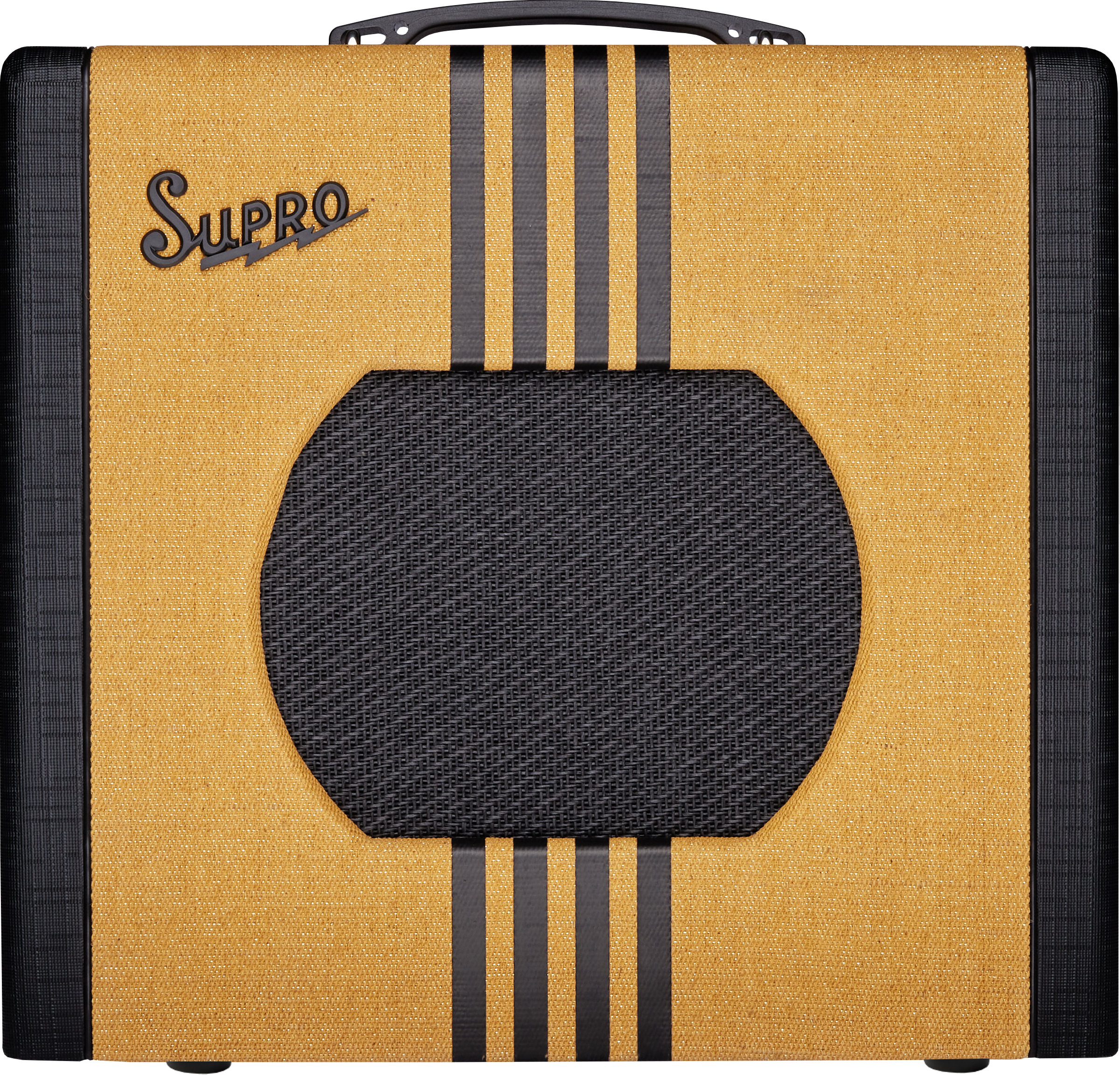 Supro guitar amplifier with tan and black exterior, three vertical black stripes, and a large circular black speaker grille in the center.