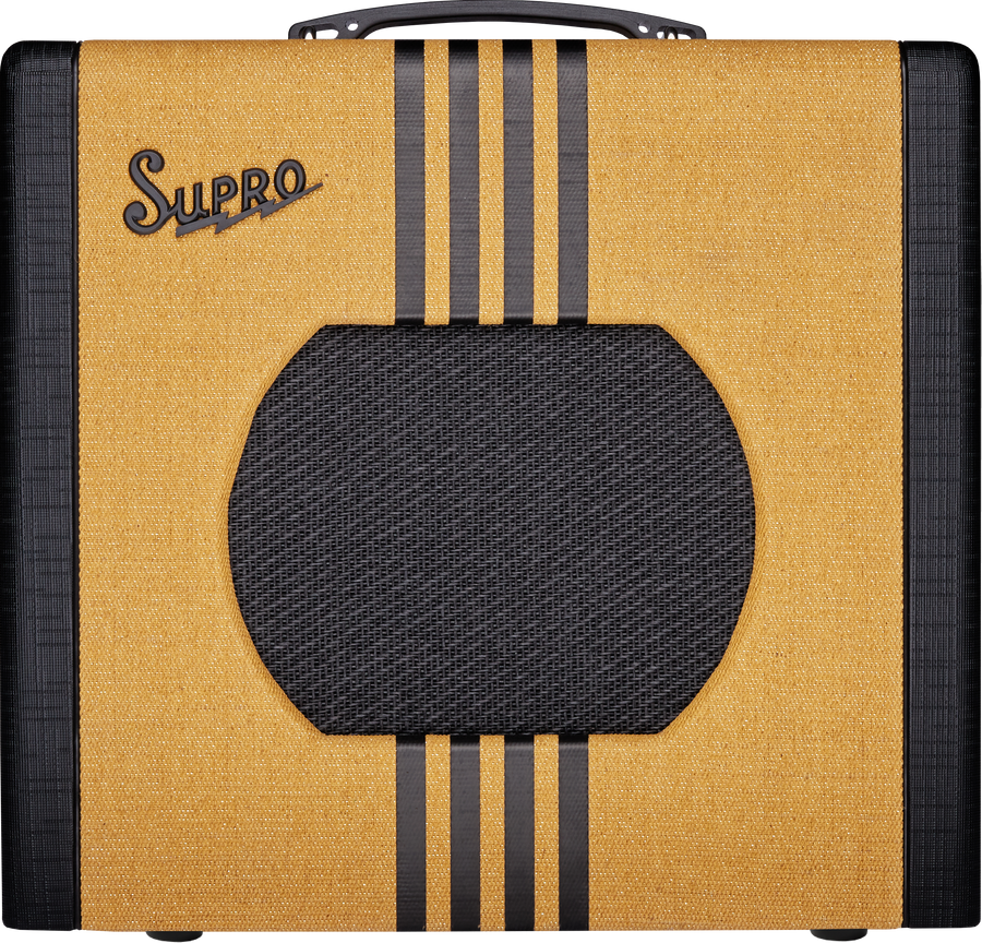 Supro guitar amplifier with tan and black exterior, three vertical black stripes, and a large circular black speaker grille in the center.