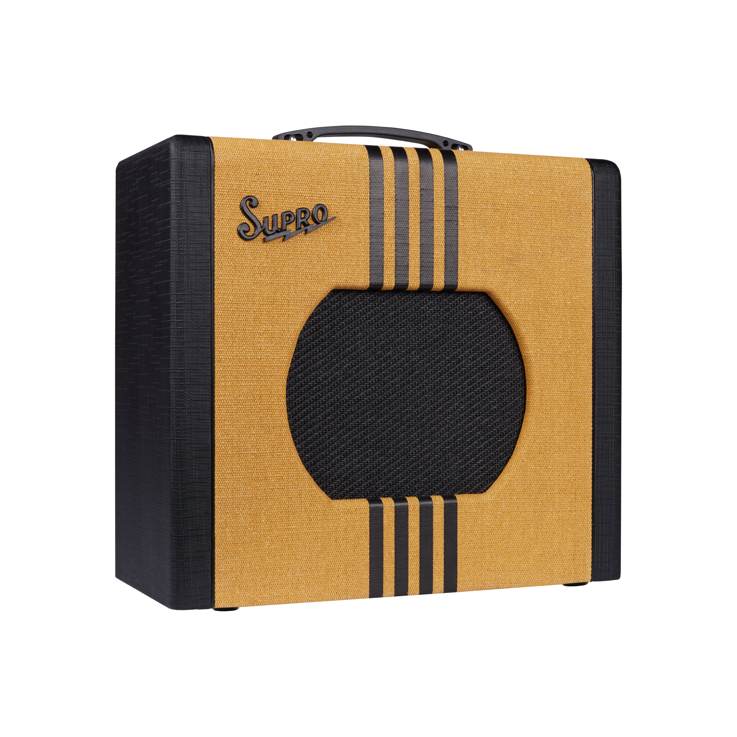 Supro guitar amplifier with a tan front, black sides, three vertical black stripes, and a black grille in the center.
