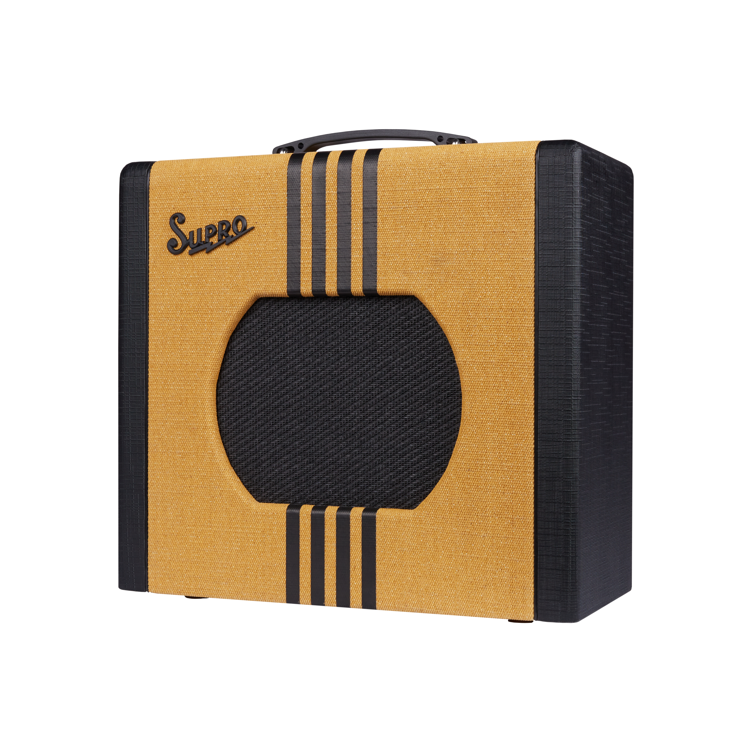 Supro guitar amplifier with a tan and black textured front, vertical stripes, octagonal black speaker grille, and black side panels.