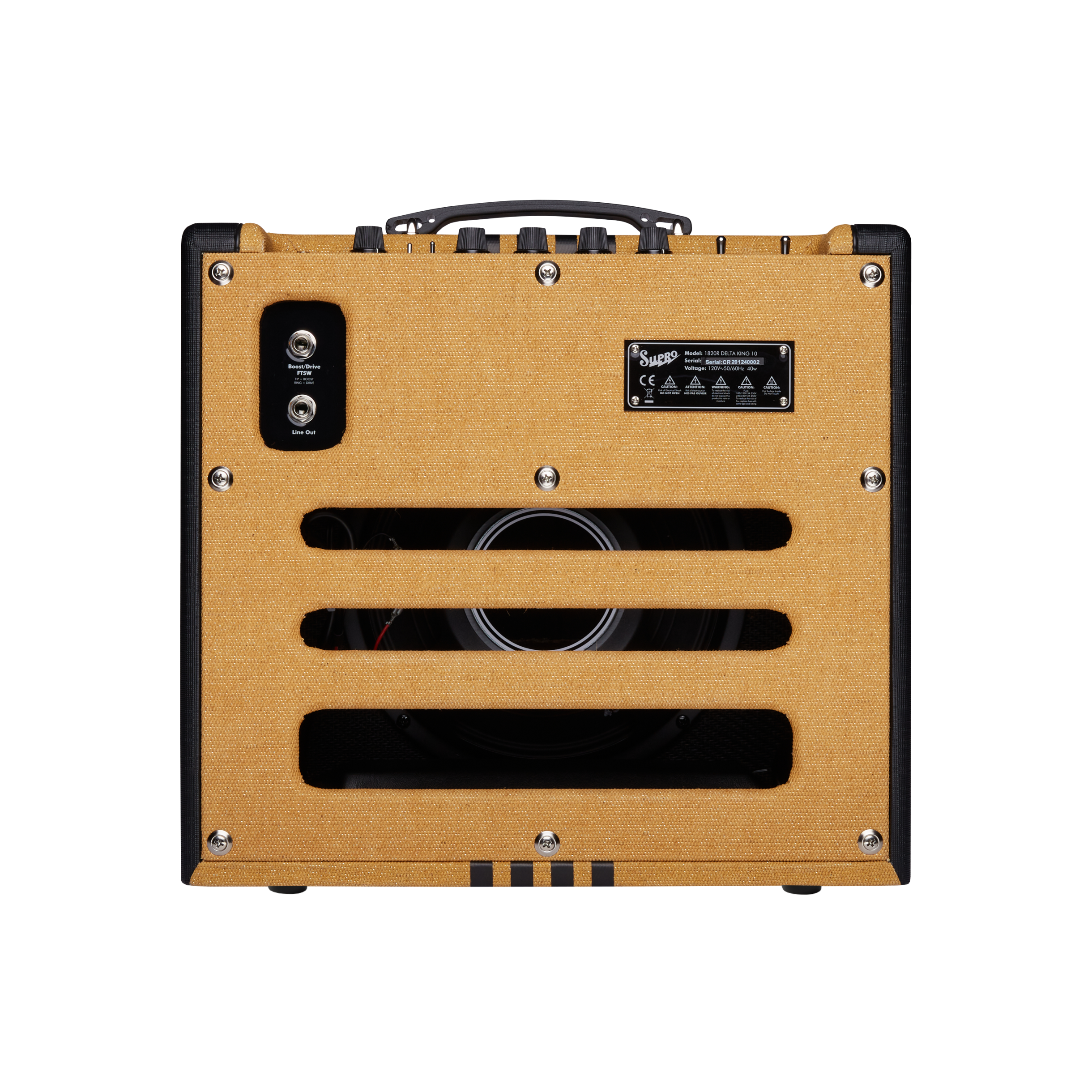Back view of a Supro guitar amplifier with a tan covering, exposed speaker grill slots, input jacks, and a visible label plate.