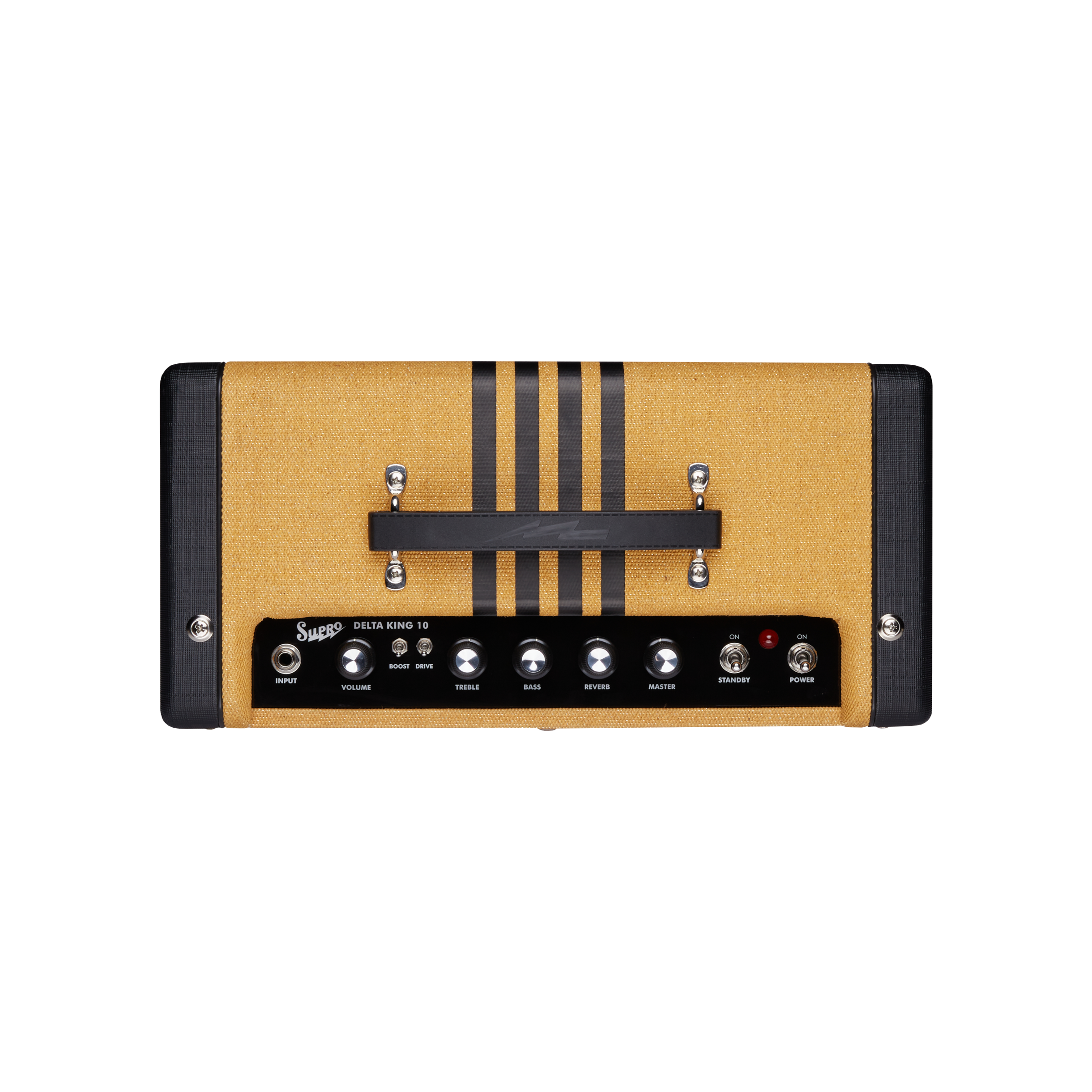 Supro Delta King 10 guitar amplifier head, tan with black stripes, front panel has knobs for volume, treble, bass, reverb, and master, plus toggle switches.