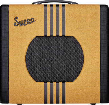 Supro guitar amplifier with tan and black exterior, three vertical black stripes, and a large circular black speaker grille in the center.