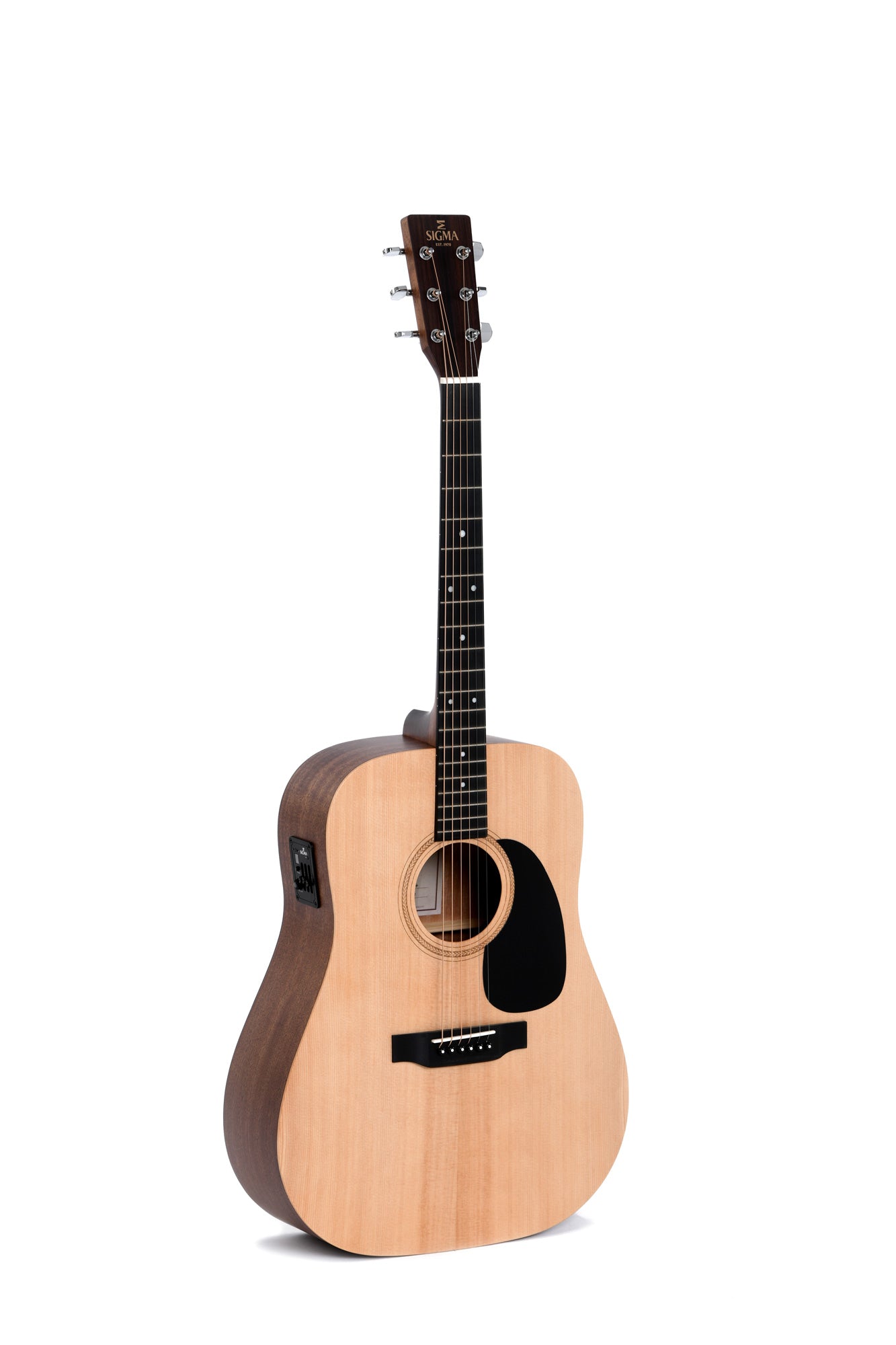 Natural wood Sigma acoustic guitar with a black pickguard, dark sides, six strings, and electronic controls on the side.