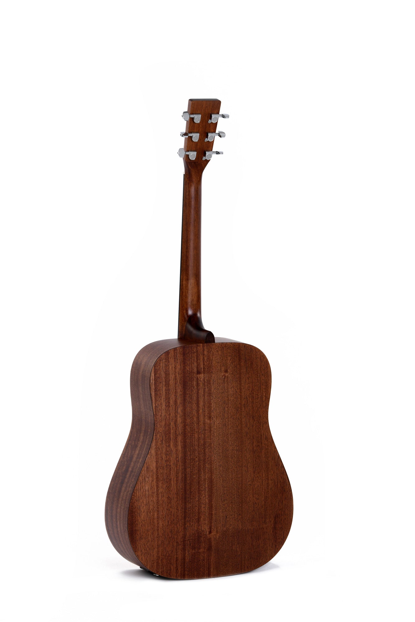 The back view of an acoustic guitar shows a smooth, dark wood finish with six metal tuning pegs on the headstock.