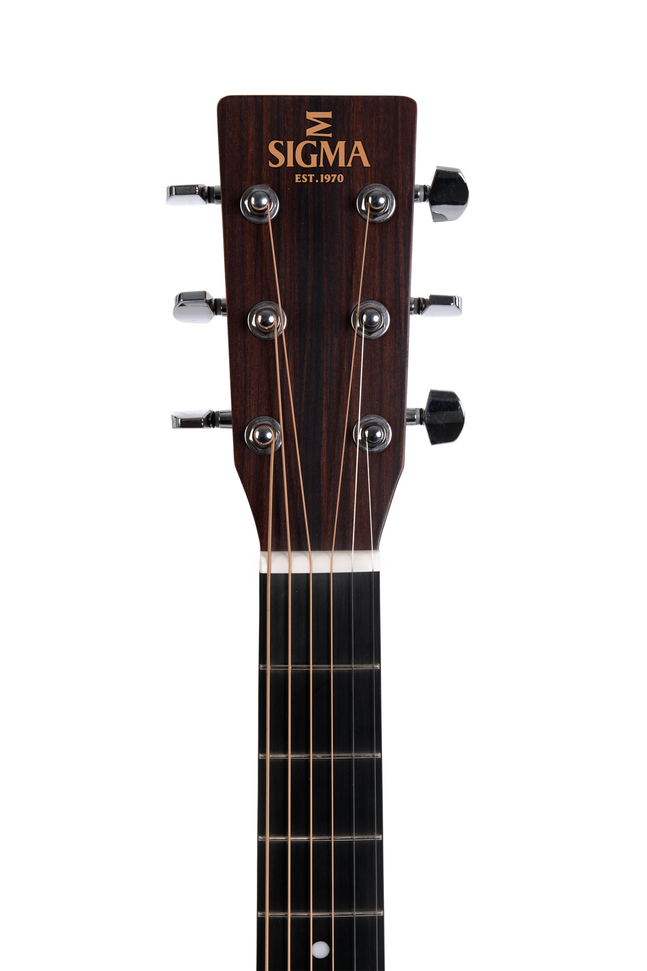 Dark wooden Sigma acoustic guitar headstock with six tuning pegs and gold "SIGMA EST. 1970" logo above the neck and strings.