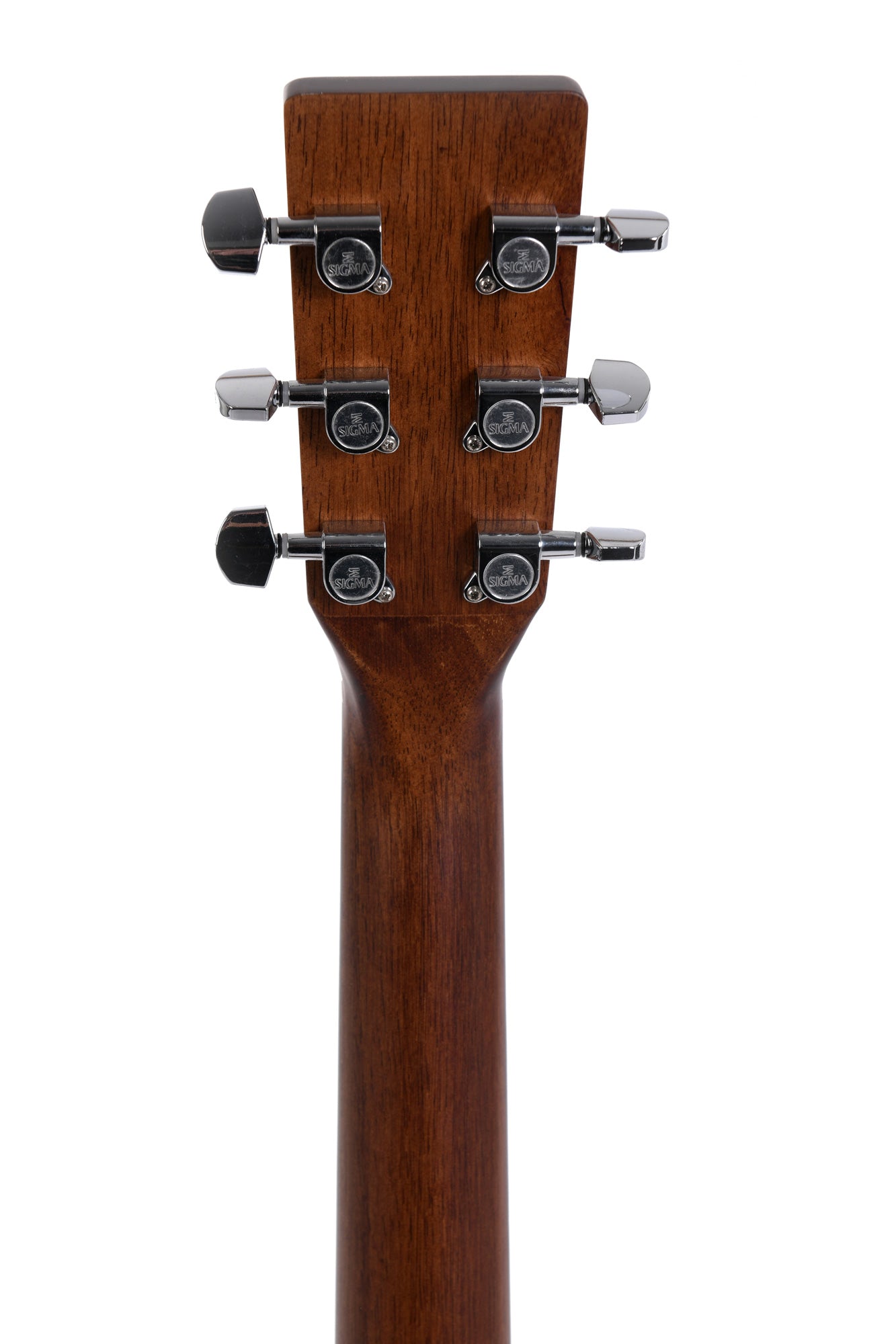 Back of an acoustic guitar headstock shows six chrome tuning pegs arranged in three pairs on dark wood, with "Sigma" logos on the tuners.