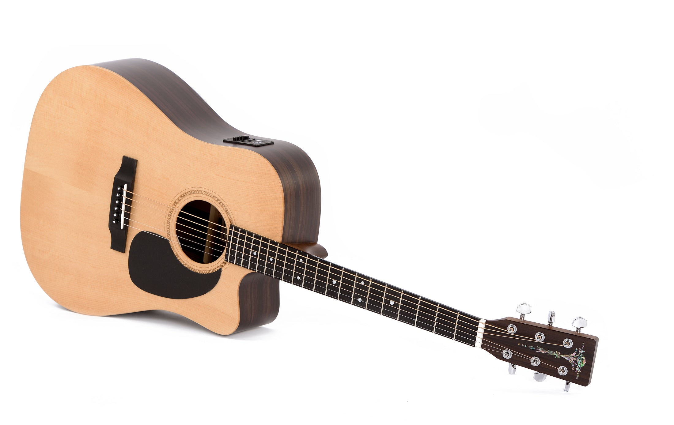 Natural wood acoustic guitar with six strings, a black pickguard, dark sides and back, and decorative inlay on the headstock.