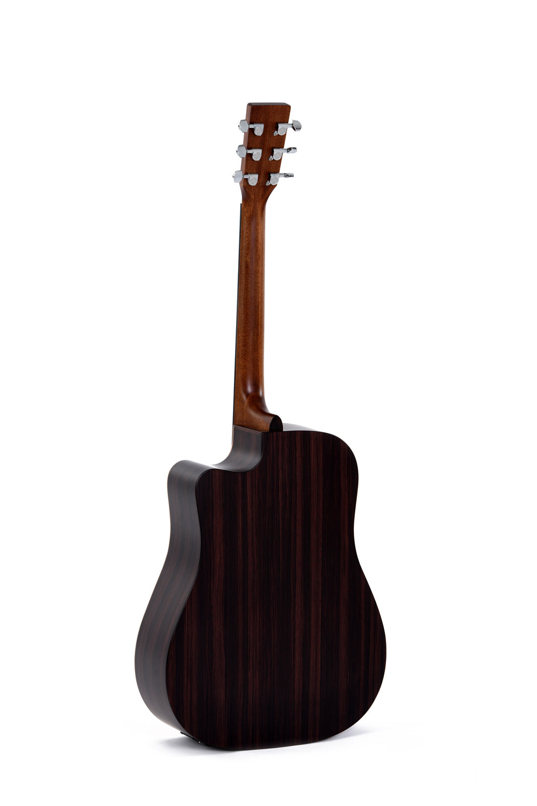 Dark wood acoustic guitar shown from the back, featuring a rich, striped grain pattern and a cutaway body design.