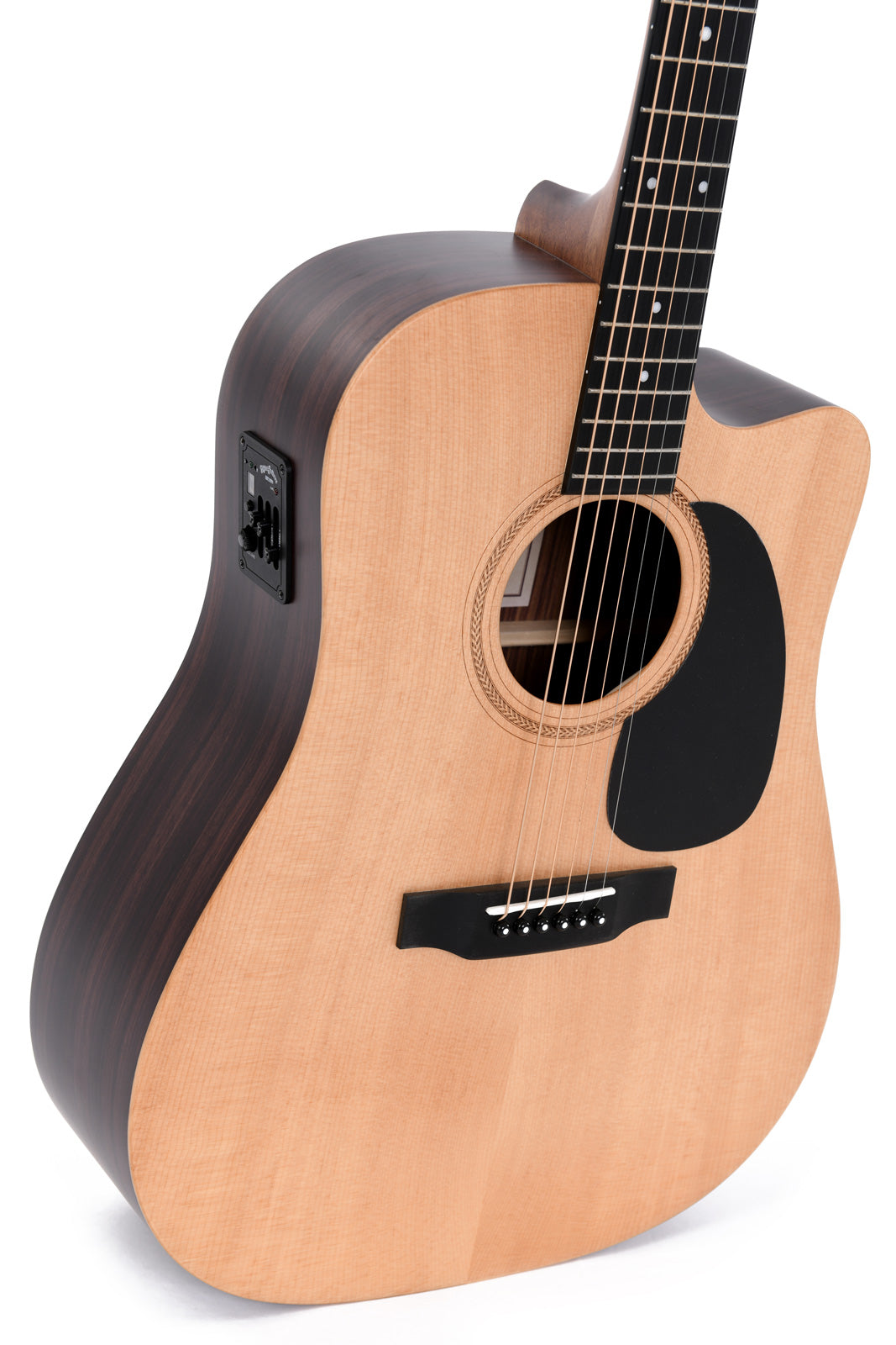 Natural wood acoustic guitar with a black pickguard, cutaway body, and onboard electronic controls on the side.