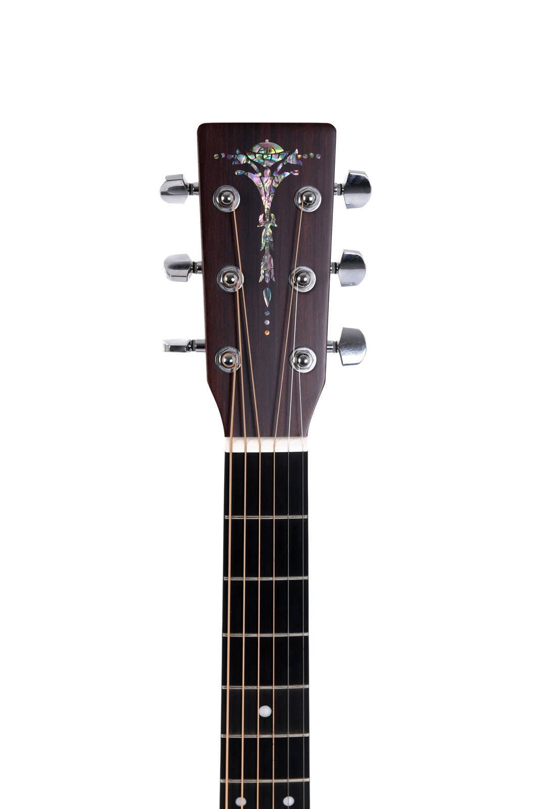 Acoustic guitar headstock with six metal tuning pegs and a floral abalone inlay design on dark wood.