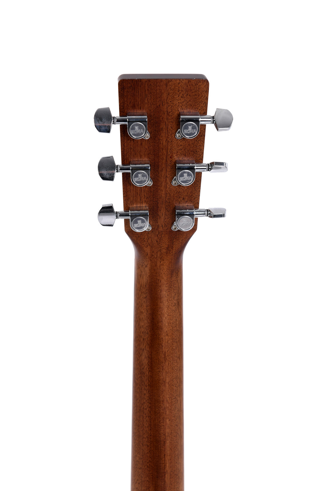 Back view of an acoustic guitar headstock showing six chrome tuning pegs on a wooden neck.