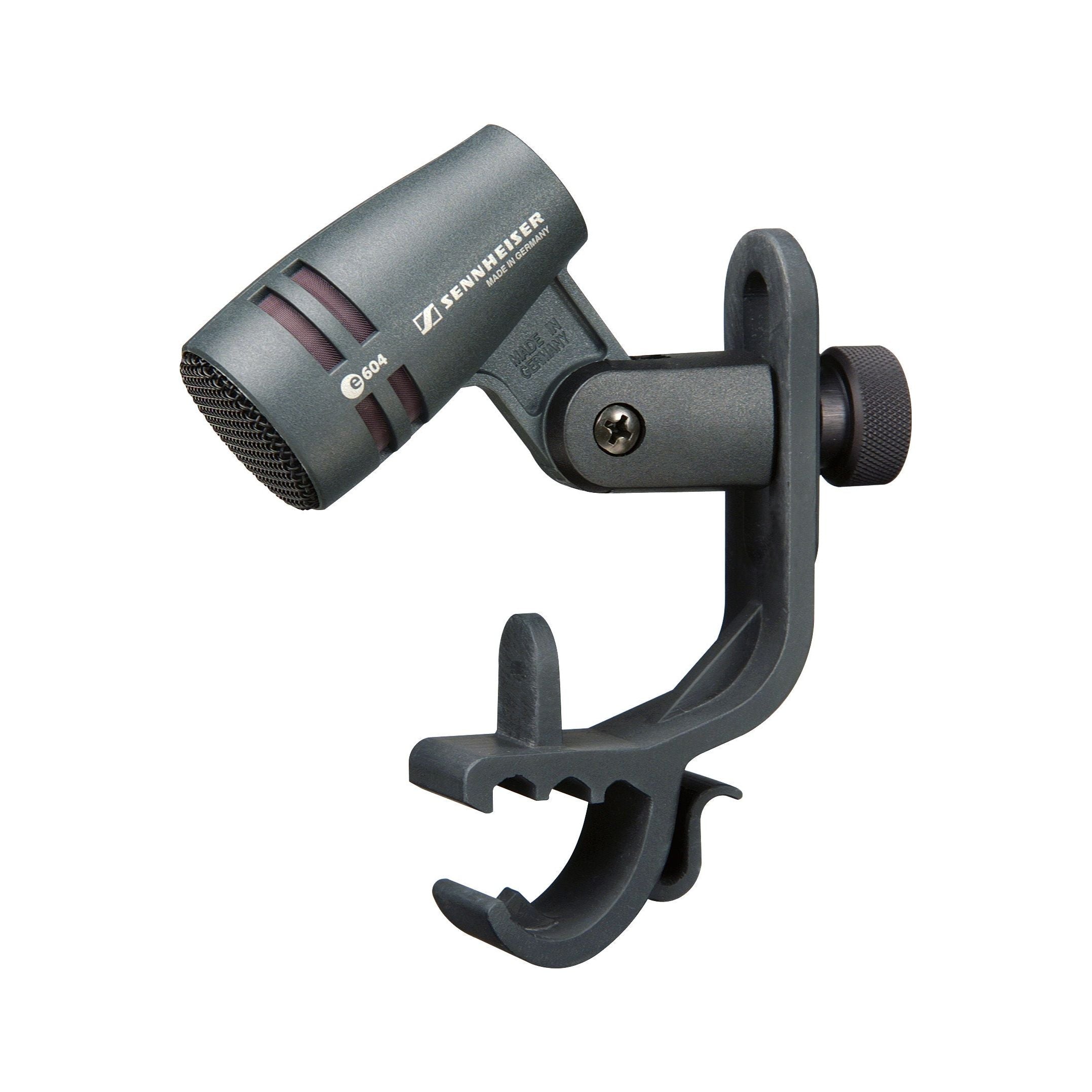 Small Sennheiser drum microphone with an integrated black drum rim clip and adjustable pivot mount.