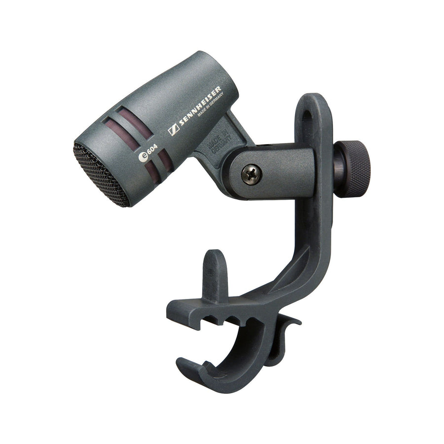 Small Sennheiser drum microphone with an integrated black drum rim clip and adjustable pivot mount.